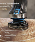 Wet And Dry Electric Shaver With SenseIQ Tech, Lift And Cut System, 360 Rotating Dual Blades, Beard Styler, Close Shave For Neck And Under Nose, Waterproof And Washable, All Day Battery, A Total Grooming Game-Changer, Model X9001-91 showing AI sensor and Hydro SkinGlide coating