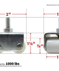 Front and side view of 7/8-Inch Threaded Stem Appliance Caster Set With Dual Wheels White 4-Pack Low Profile 1-1/2-Inch Wide Twin Wheels Jam Nuts For Easy Alignment And Height Adjustment To Replace Refrigerator And Freezer Factory Wheels showing dimensions and load capacity.