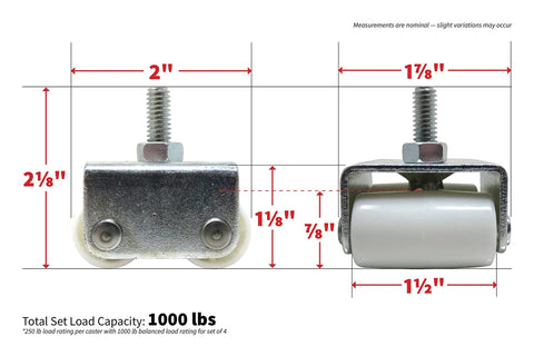 Front and side view of 7/8-Inch Threaded Stem Appliance Caster Set With Dual Wheels White 4-Pack Low Profile 1-1/2-Inch Wide Twin Wheels Jam Nuts For Easy Alignment And Height Adjustment To Replace Refrigerator And Freezer Factory Wheels showing dimensions and load capacity.