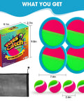 Toss And Catch Ball Set For Kids Outdoor Yard Games Beach Toy With 4 Paddles And 4 Balls Upgraded Durable Version Featuring Waterproof Paddings And Stronger Stitches For Endless Backyard Fun shown with packaging, paddles, balls, and mesh bag.