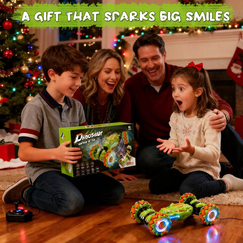 Family enjoying Gesture Sensing RC Stunt Car With Remote And Hand Control, 360 Degree Spin 4WD Off Road Toy For Kids Aged 6 7 8 9 10 11 12 13 14 And Up, Lights And Music, One Touch Demo, Easy Start Birthday Gift by Christmas tree