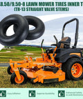 Two Pack 18x8.50/9.50-8 Inner Tubes With TR-13 Valve Stem for Lawn Mowers shown with orange riding mower