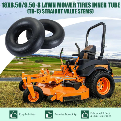 Two Pack 18x8.50/9.50-8 Inner Tubes With TR-13 Valve Stem for Lawn Mowers shown with orange riding mower