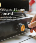 Close-up of adjustable knobs on 3 In 1 Propane Camping Stove With Cast Iron Grill And Griddle, 24,000 BTU Dual Adjustable Burners