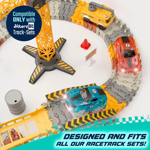 Light Up LED Race Cars For Glow Tracks, 2 Pack Replacement Racers On Curved Track with Construction Theme