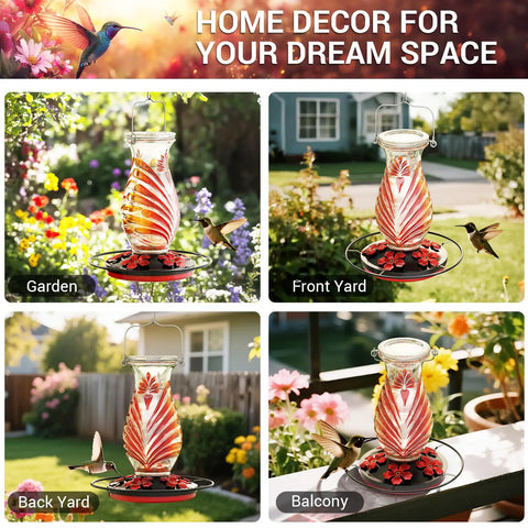 Glass Hummingbird Feeder With 24 Oz Nectar Capacity Five Flower Ports Perch And Leakproof Hanging Design For Outdoors Durable Garden Decor That Attracts Hummingbirds Yard Vibes Great Gift For Women And Moms
