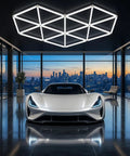 Hexagon Garage LED Light Panels Pack Of 27, 6500K Daylight, 18,720 Lumens, shadow-free illumination installed in a modern garage