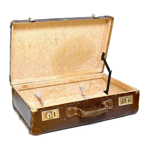 Open brown vintage suitcase with interior fabric texture and handle, featuring a mounted lid support hinge for stability.
