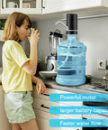 Woman using 5 Gallon USB Rechargeable Portable Water Pump For Water Jugs With Auto Stop And Silicone Caps Ideal For Home Office Camping And Travel Black No Fuss Setup Grab And Go Ready on kitchen counter