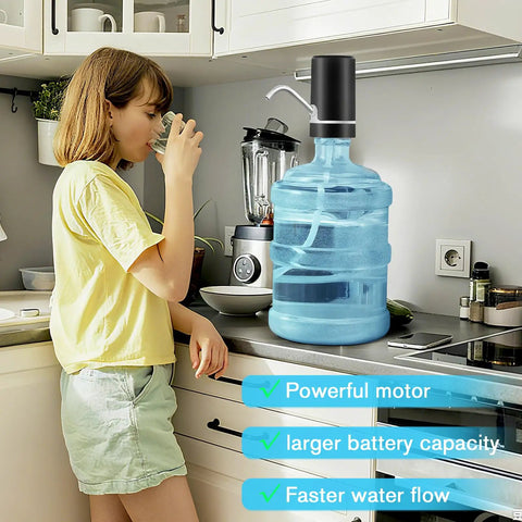 Woman using 5 Gallon USB Rechargeable Portable Water Pump For Water Jugs With Auto Stop And Silicone Caps Ideal For Home Office Camping And Travel Black No Fuss Setup Grab And Go Ready on kitchen counter