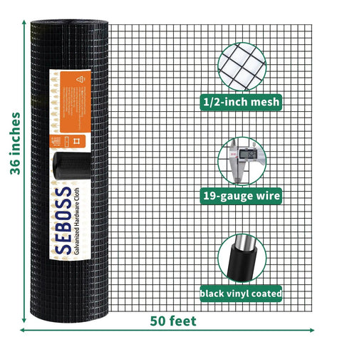 Heavy Duty Hardware Cloth One Half Inch Mesh 36 By 50 Ft Black Vinyl Coated 19 Gauge Chicken Wire Fence Roll with mesh detail