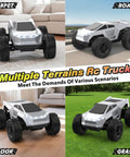All Terrain RC Car Monster Truck With LED Lights 1:18 Scale for carpet, road, floor, grass surfaces shown in split image