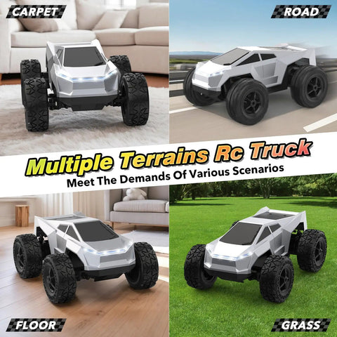 All Terrain RC Car Monster Truck With LED Lights 1:18 Scale for carpet, road, floor, grass surfaces shown in split image