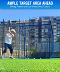 Person using 7x7 FT Baseball Softball Hitting Cage With All Angle Containment Metal Frame Elevated Base Central Target Pocket
