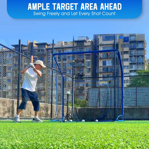 All Angle Baseball Softball Batting Cage With Blocking System 6x6ft For Batting Pitching And Fielding setup on grass with player.