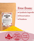 Straight Up Pure Carnauba Wax Flakes For Smooth Skin Care And Lip Balm Making Real Deal Vegan Candle Wax With Leather And Wood Finish Must Have DIY Staples Eight Ounce Bag in packaging with yellow wax flakes.