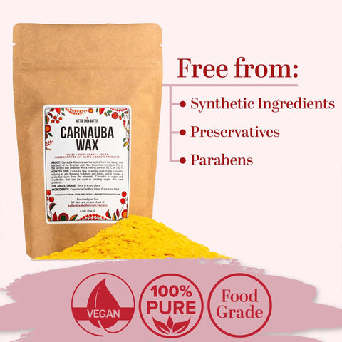 Straight Up Pure Carnauba Wax Flakes For Smooth Skin Care And Lip Balm Making Real Deal Vegan Candle Wax With Leather And Wood Finish Must Have DIY Staples Eight Ounce Bag in packaging with yellow wax flakes.