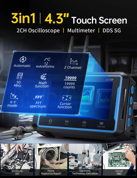 Handheld 2 Channel Oscilloscope Multimeter With DDS Signal Generator 3 In 1, 50 MHz Bandwidth, touch screen in use