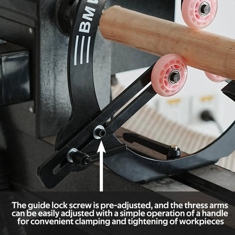 Heavy Duty Woodturning Steady Rest With Triple Rubber Rollers For 16 18 20 Inch Swing Lathes showing adjustable guide lock and rollers.