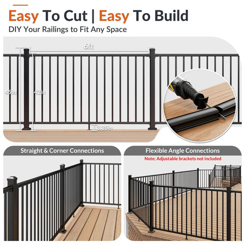 Modular Aluminum Deck Railing Kit Delivering Next Level Wobble Free Construction and dimensions of 6ft x 45in for DIY fitting.