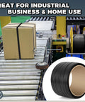 Heavy Duty Polypropylene Pallet Strapping Roll One Thousand Feet Long Half Inch Wide Four Hundred Pound Break Strength self dispenser box beside a package on conveyor
