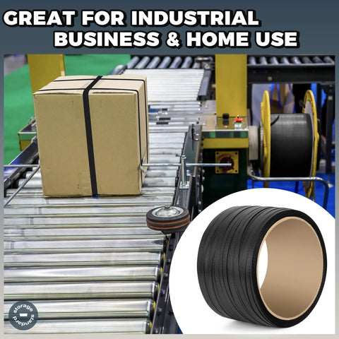 Heavy Duty Polypropylene Pallet Strapping Roll One Thousand Feet Long Half Inch Wide Four Hundred Pound Break Strength self dispenser box beside a package on conveyor