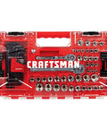 Knuckle Busting 71 Piece Mechanics Tool Set With 1/4 And 3/8 Inch Drive Sockets in red case, displayed with tools and ratchets.