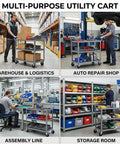 Industrial Anti Static Mobile Workbench Aluminum Utility Cart With 150X80cm Desktop Built Like A Tank in a busy warehouse setting.