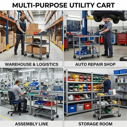 Industrial Anti Static Mobile Workbench Aluminum Utility Cart With 150X80cm Desktop Built Like A Tank in a busy warehouse setting.