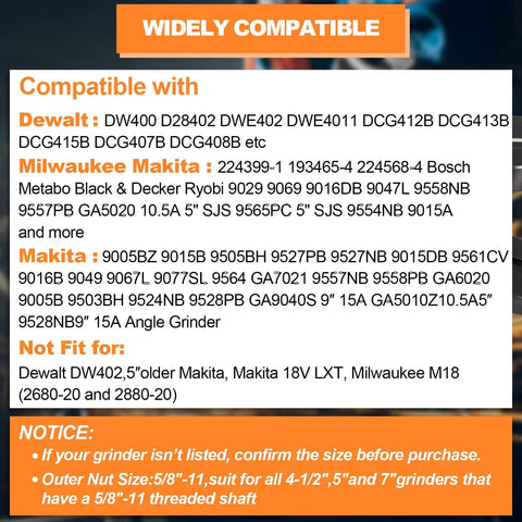 Image showing compatibility list for Heavy Duty 3 Piece Angle Grinder Nut and Wrench Set 5/8-11 Thread for various brands.