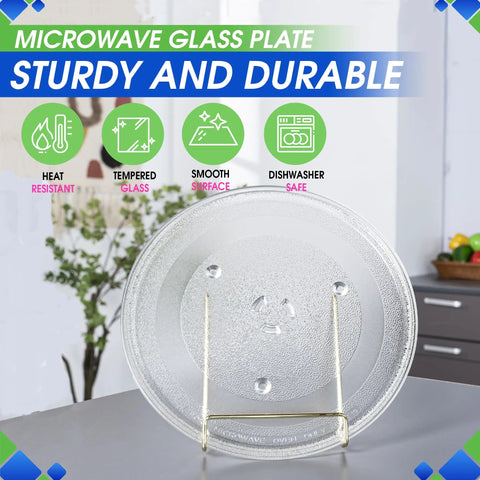 11.5 Inch Microwave Plate Replacement WB49X10224, durable tempered glass dish on stand, fits most turntables for even heating.