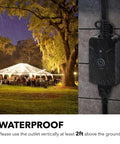 Outdoor Indoor Wireless Remote Control 3 Prong Outlet Kit Weatherproof Heavy Duty 15 Amp shown with tent lighting at night
