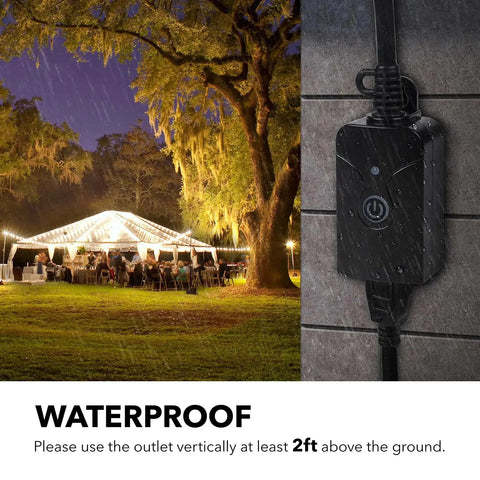 Outdoor Indoor Wireless Remote Control 3 Prong Outlet Kit Weatherproof Heavy Duty 15 Amp shown with tent lighting at night