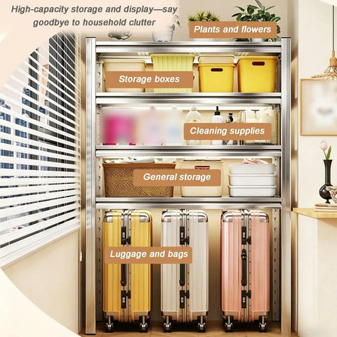 Built Tough Stainless Steel Washer Shelf With Adjustable Multi Tier Layout For Heavy Duty Laundry Game Changer And Reliable Over Dryer Storage Flex Rack Unit displaying organized storage, cleaning supplies, and luggage.