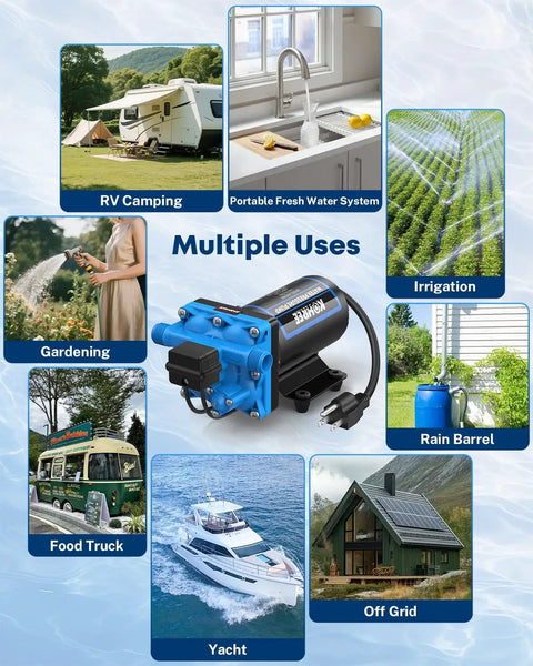 Tough As Nails 110V AC Water Pressure Pump Delivering Crisp 5.5 GPM Flow With Rock Solid 50 PSI Constant Pressure For Reliable Fresh Water Boosting Self Priming Diaphragm Pump For Home Garden And RV Use for various applications like RV camping, gardening, and irrigation.