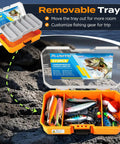 All-In-One Fishing Lures Kit With Tackle Box And 373-Piece Gear Set, showing removable tray with colorful lures on rocks.
