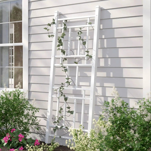 Sturdy No-Fuss Indoor And Outdoor Garden Trellis With Ground Anchors For Vines, Climbing Plants, And Vegetables, 28 By 75 Inch White Grid Style against wall