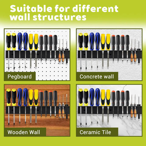 Two Pack Heavy Duty Screwdriver Plier Organizer Wall Mount Rack for Garage and Workshop on various wall types