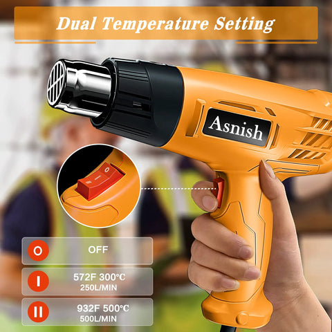Close-up of Asnish Heavy Duty 1850W Hot Air Gun Kit with Dual Temperature 572 to 932 F, showing ergonomic handle and settings