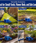 Heavy Duty Cast Iron Lawn Sprinkler For Yard And Garden Watering With American Threaded Joints Durable Weather Resistant Metal Sprinkler System Perfect For Irrigation And Lawn Care Blue Finish in use in various garden scenarios