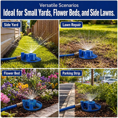 Heavy Duty Cast Iron Lawn Sprinkler For Yard And Garden Watering With American Threaded Joints Durable Weather Resistant Metal Sprinkler System Perfect For Irrigation And Lawn Care Blue Finish in use in various garden scenarios