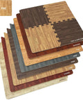 Wood Grain Foam Floor Tiles With Interlocking EVA Puzzle Mats And Borders, Three Eighths Inch Thick, various wood finishes visible