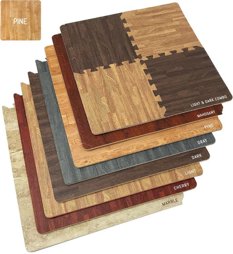 Wood Grain Foam Floor Tiles With Interlocking EVA Puzzle Mats And Borders, Three Eighths Inch Thick, various wood finishes visible