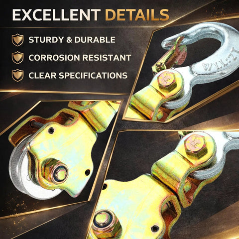Close-up of Hella Sturdy 2 Pack Snatch Block Pulley with yellow zinc coating and swivel hook details for heavy-duty use.