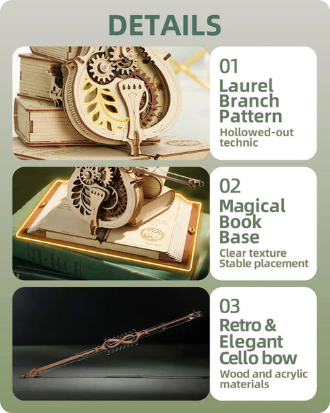 3D Wooden Puzzle Music Box Kit Cello Model For Adults And Teens Build Your Own Wind Up Instrument As Chopin Tunes Play Dope Gift For Hobbyists STEM Lovers Women And Men. wooden cello with book base and bow, wood and acrylic