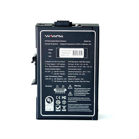 Back view of UL listed 10 Port PoE Gigabit Unmanaged Industrial Ethernet Switch with DIN rail mount, model specifications visible