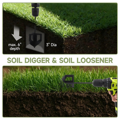 4 In 1 Garden Tool Attachments Cultivator Tiller Digger And Loosener Auger For Three Eighths Inch Hex Drive Drills, soil digger in use