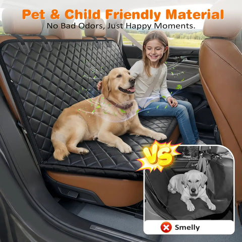 Girl and dog on 4 In 1 Dog Car Seat Cover For Back Seat Paw Proof Waterproof Hammock With Mesh Window And Side Flaps