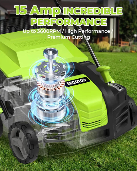 2-In-1 Dethatcher And Scarifier For Lawns, 16-Inch Electric Walk-Behind, 15 Amp Copper Motor, front view showing motor detail