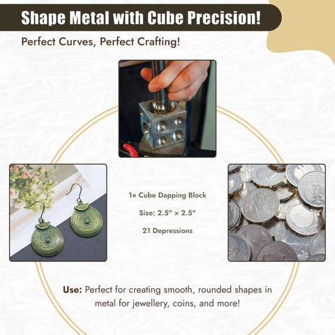Cube dapping block in use, metal forming for jewelry making; part of Workhorse Doming Block And Punch Set For Jewelry Making 41 Piece Dapping Kit